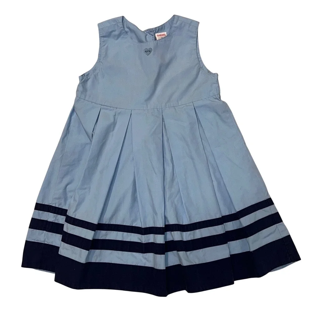 Vintage Y2K Gymboree Girls 3T Dress Blue Navy Striped Heart Pleated Bow Back
